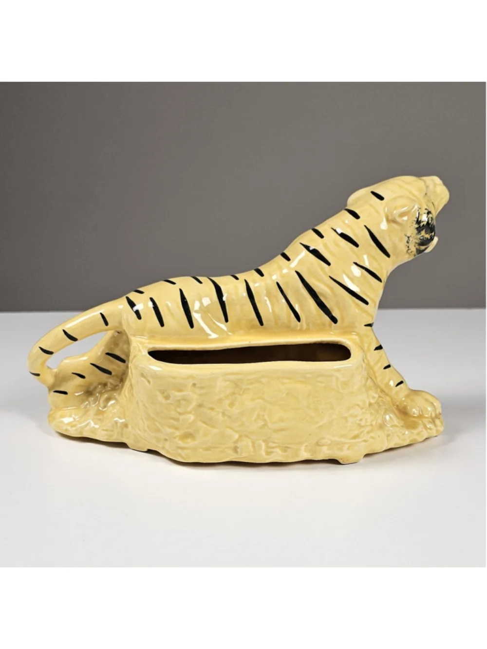 Vintage MCM Yellow Ceramic Tiger Planter Figurine 1950s TV Top Caddy Retro Gloss